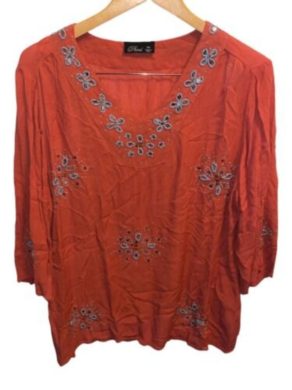 Phool Orange Blue Multi Color Beaded Top Blouse Shirt Womens size PM VTG